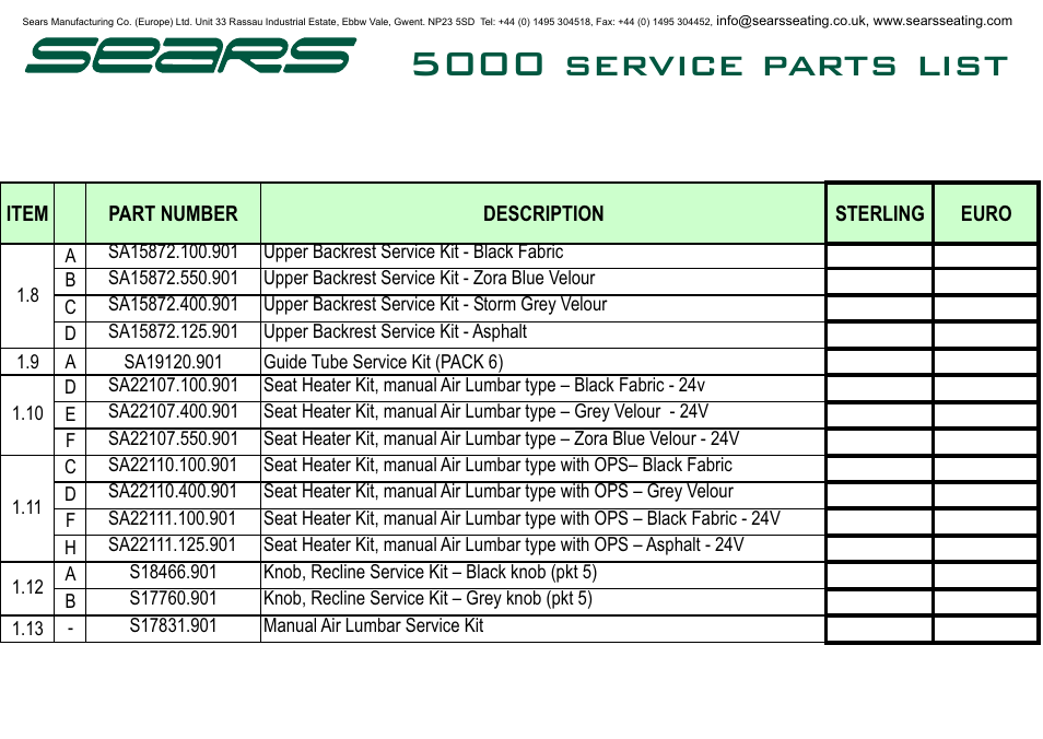 5000 service parts list | Sears Seat Top 5000 User Manual | Page 3 / 10