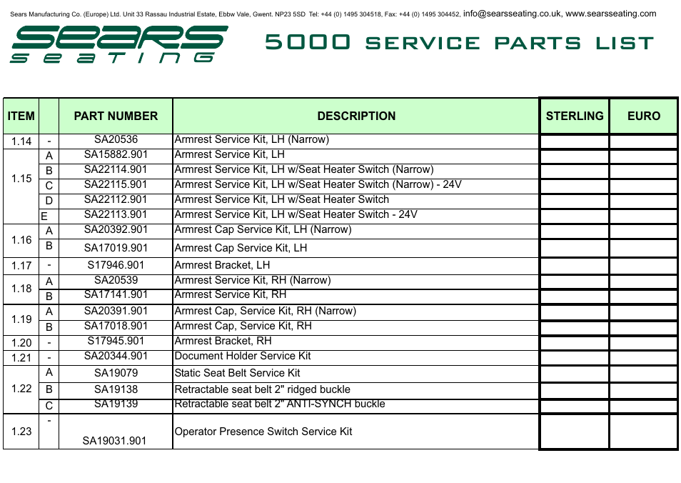 5000 service parts list | Sears Seat Top 5000 User Manual | Page 4 / 10