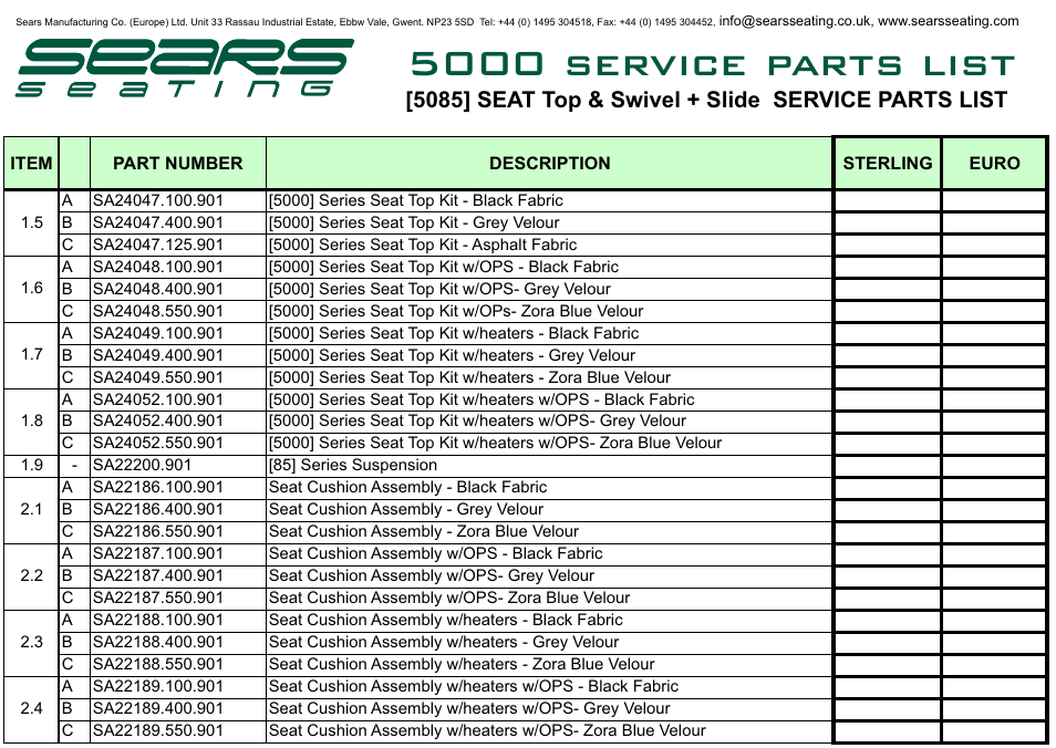 5000 service parts list, 5085] seat top & swivel + slide service parts list | Sears Seat Top 5000 User Manual | Page 8 / 10
