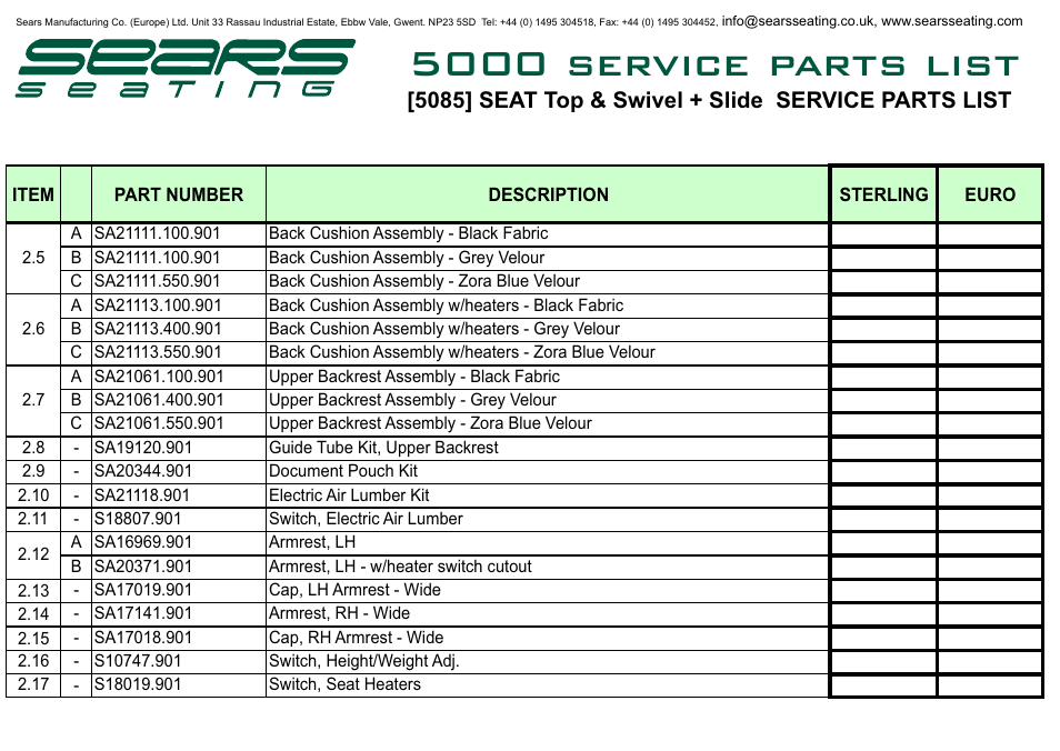 5000 service parts list, 5085] seat top & swivel + slide service parts list | Sears Seat Top 5000 User Manual | Page 9 / 10