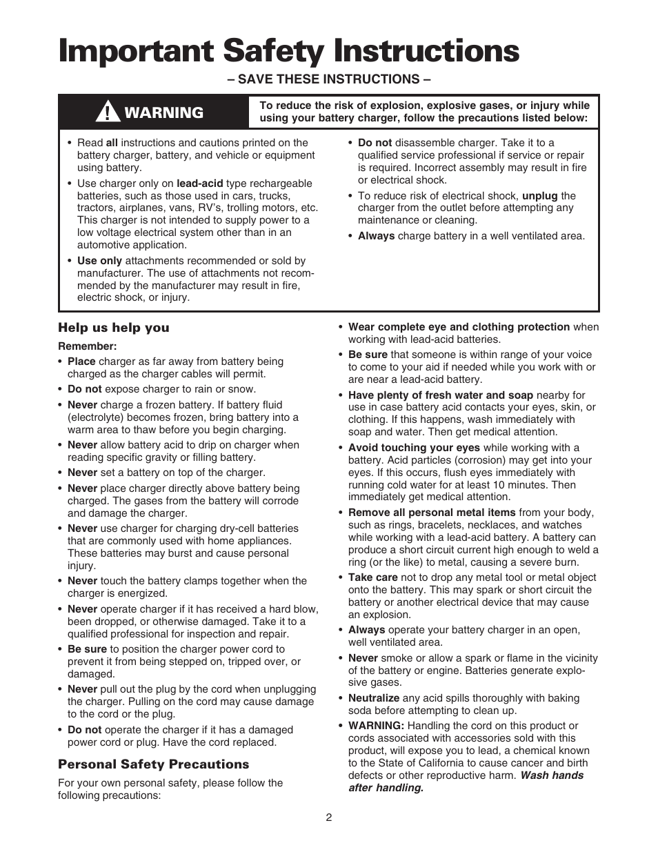 Important safety instructions, Warning | Sears 200.71232 User Manual | Page 4 / 16