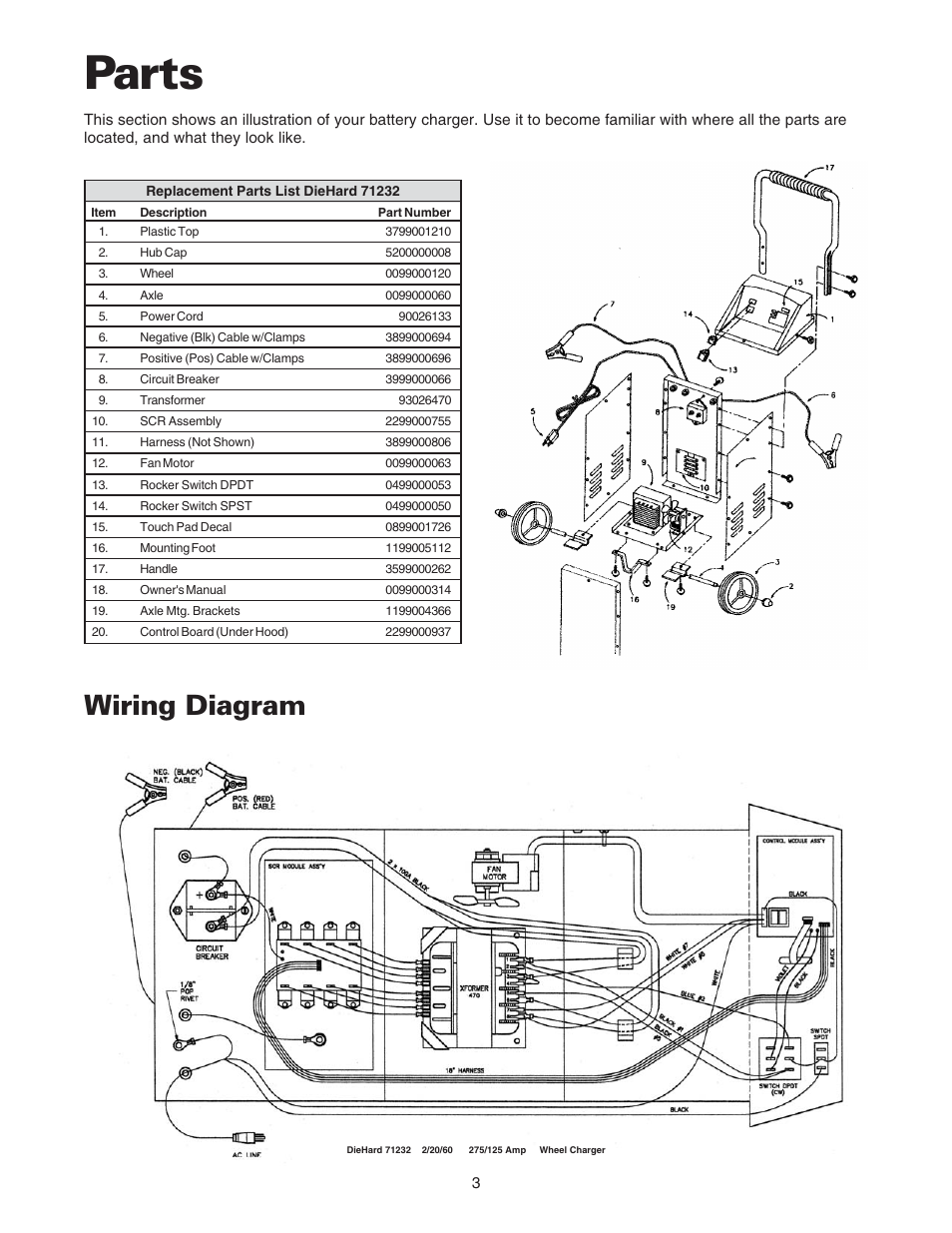 Parts, Wiring diagram | Sears 200.71232 User Manual | Page 5 / 16
