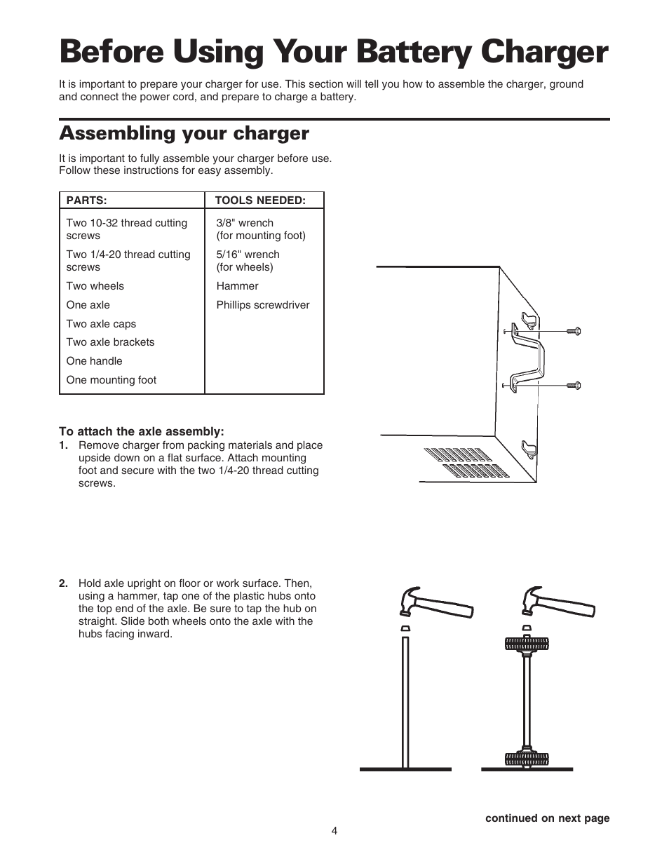 Before using your battery charger, Assembling your charger | Sears 200.71232 User Manual | Page 6 / 16