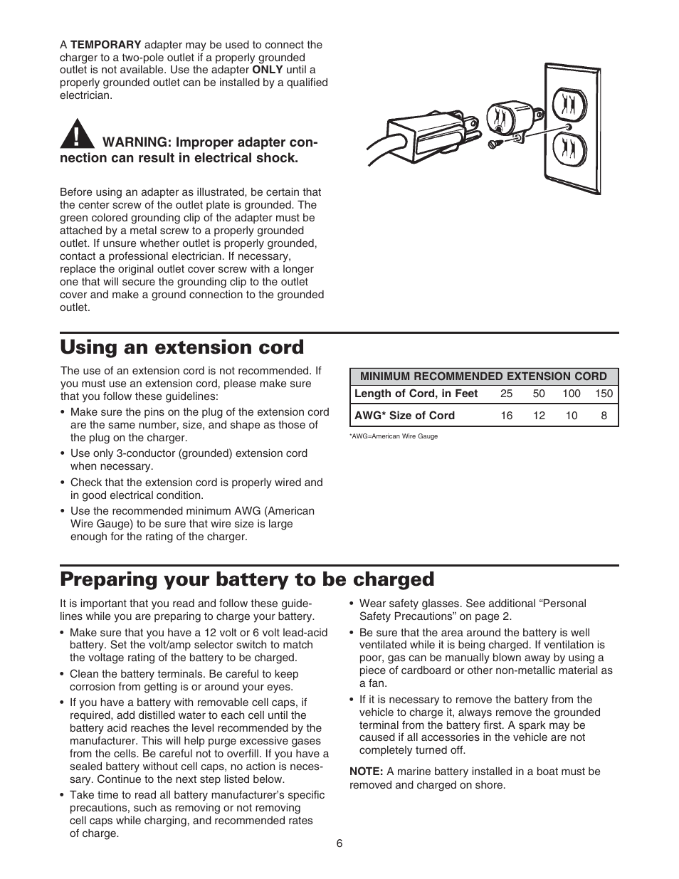 Preparing your battery to be charged, Using an extension cord | Sears 200.71232 User Manual | Page 8 / 16