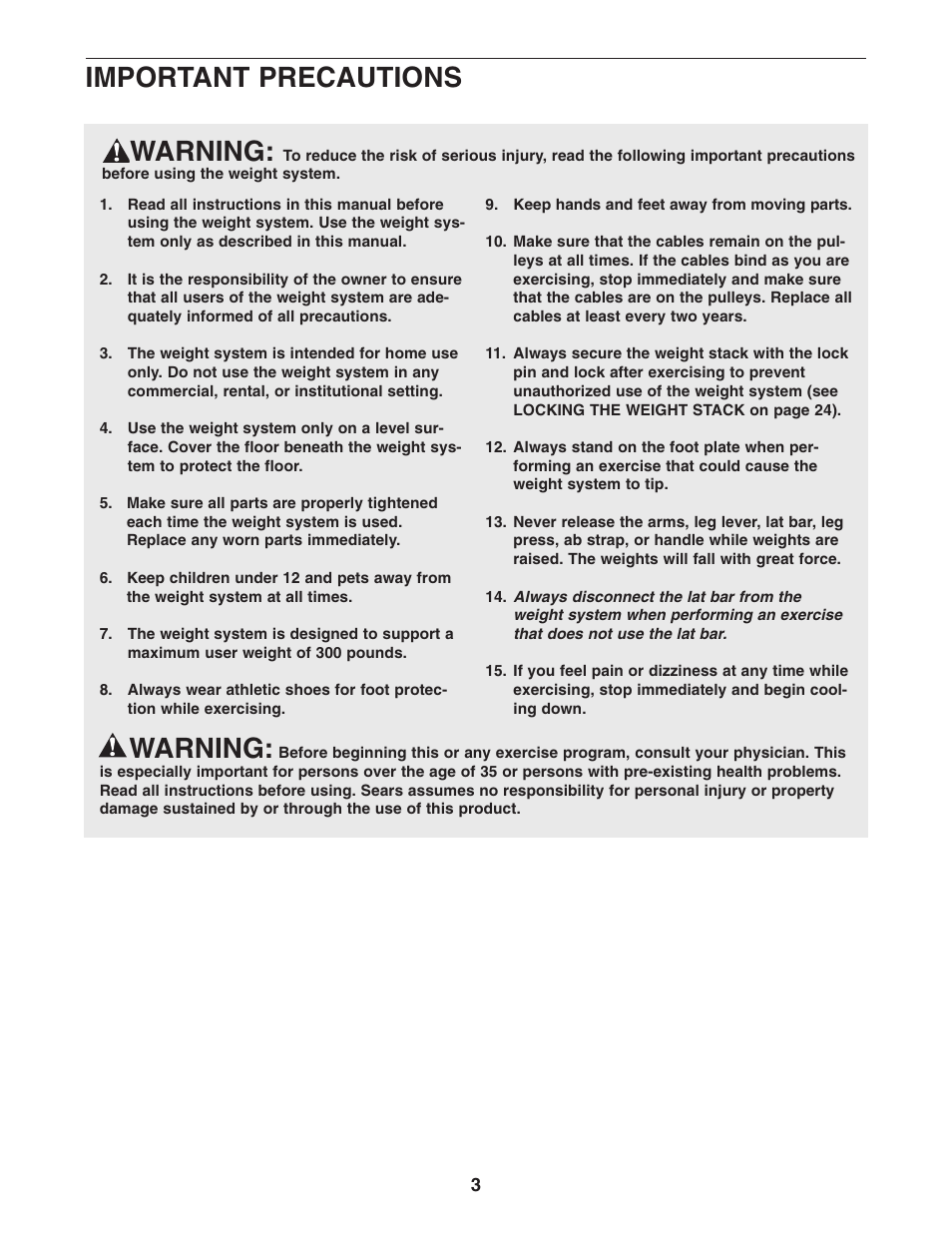 Warning, Important precautions | Sears 831.154020 User Manual | Page 3 / 35