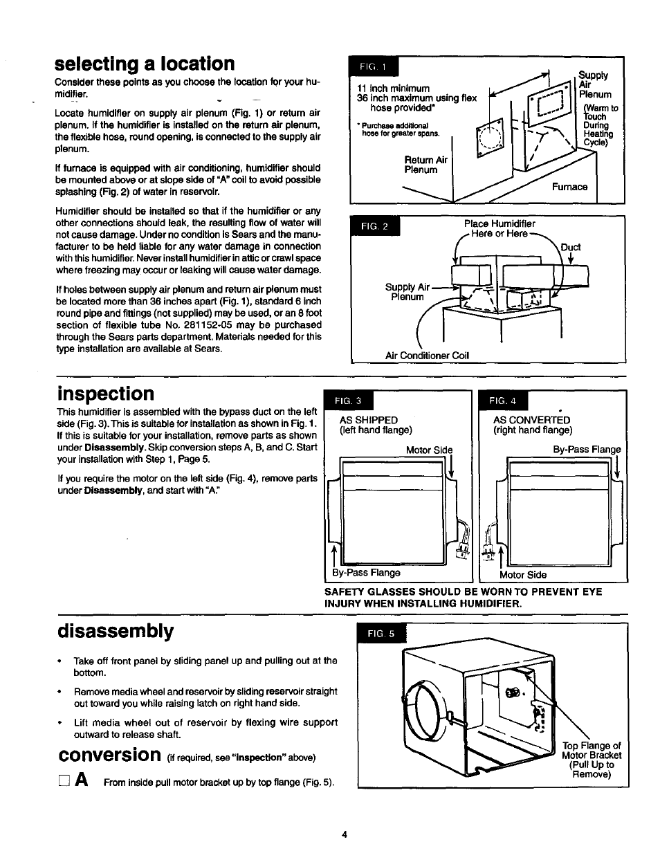 Selecting a location, Inspection, Disassembly | Conversion | Sears 2500 User Manual | Page 4 / 13