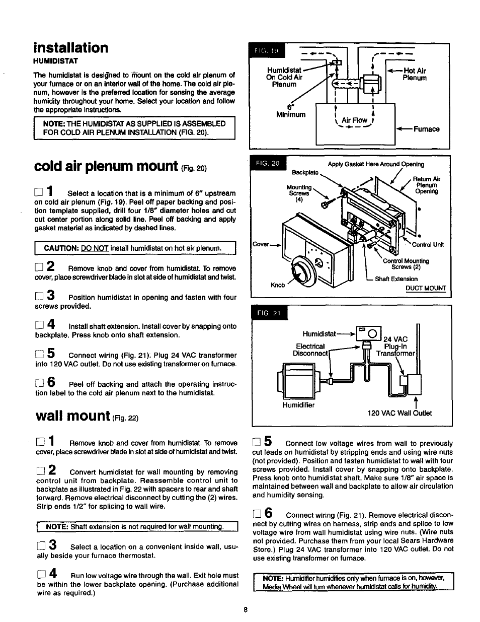 Installation, Cold air plenum mount (fig.20) mi 1, Wall mount | Sears 2500 User Manual | Page 8 / 13