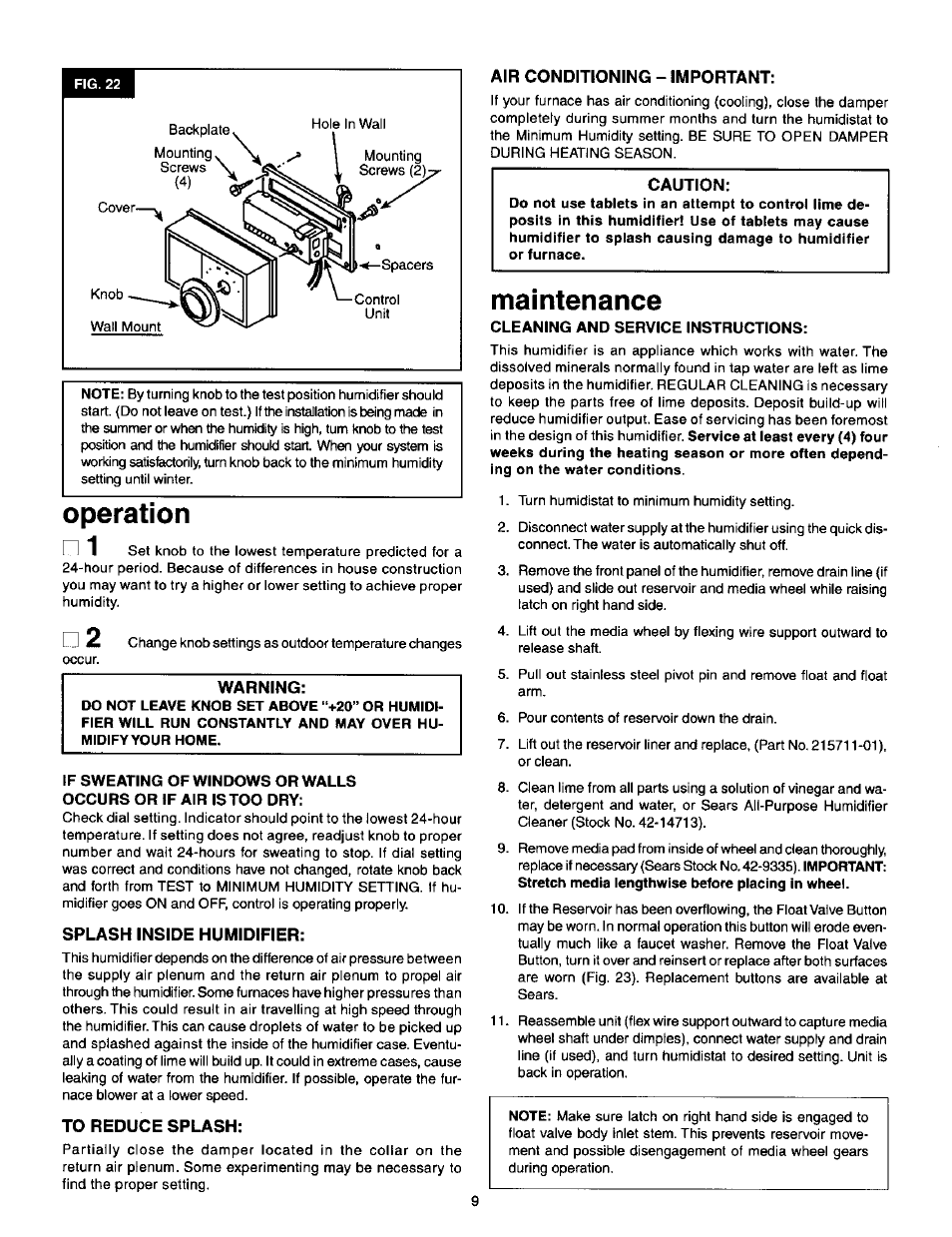 Operation, Maintenance | Sears 2500 User Manual | Page 9 / 13