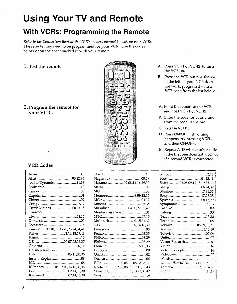With vcrs: programming the remote, Test the remote, Program the remote for your vcrs | Vcr codes, Using your tv and remote | Sears 274.4279839 User Manual | Page 11 / 36
