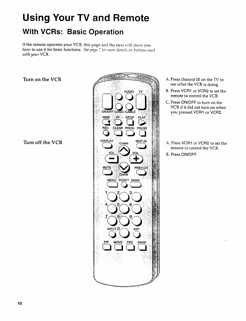 With vcrs: basic operation, Using your tv and remote | Sears 274.4279839 User Manual | Page 13 / 36