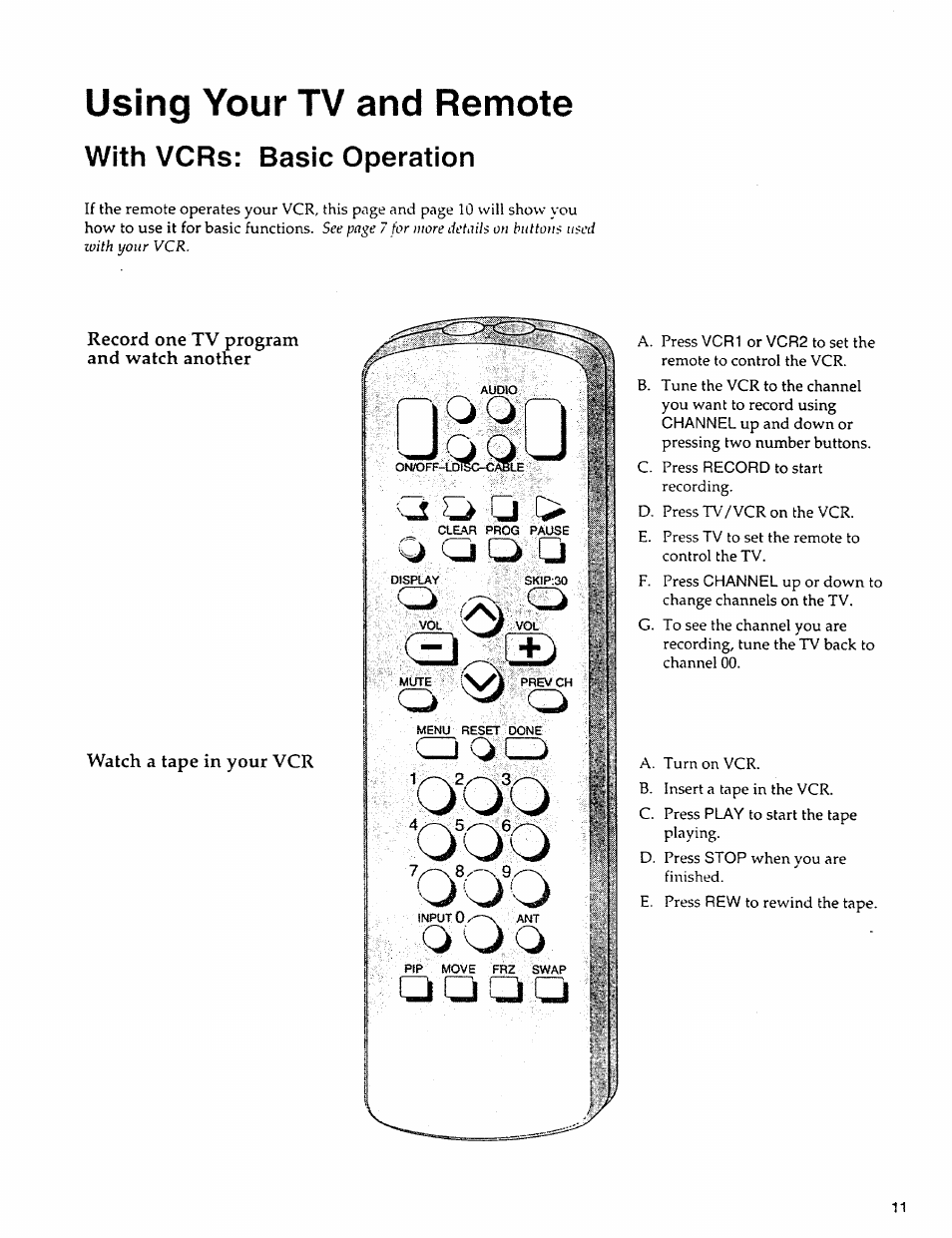 With vcrs: basic operation, Using your tv and remote | Sears 274.4279839 User Manual | Page 14 / 36