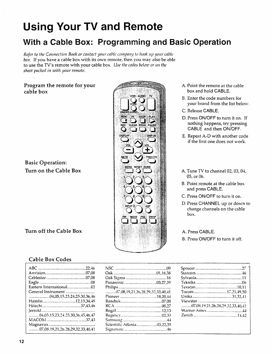 With a cable box: programming and basic operation, Basic operation, Turn on the cable box | Turn off the cable box, Cable box codes, O o o, Using your tv and remote, A o o, O'oo 1 | Sears 274.4279839 User Manual | Page 15 / 36