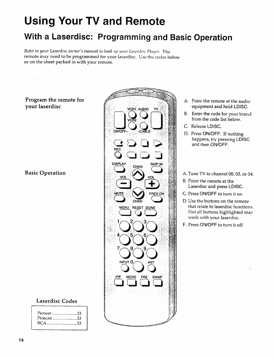 With a laserdisc: programming and basic operation, Program the remote for your laserdisc, Basic operation | Laserdisc codes, Using your tv and remote | Sears 274.4279839 User Manual | Page 17 / 36