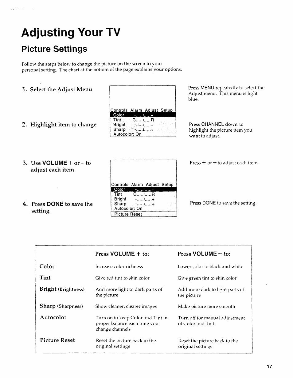 Picture settings, Use volume + or — to adjust each item, Press done to save the setting | Press volume + to, Press volume — to, Adjusting your tv, Ì....r bright, Sharp -..........i, Autocolor: on picture reset | Sears 274.4279839 User Manual | Page 20 / 36