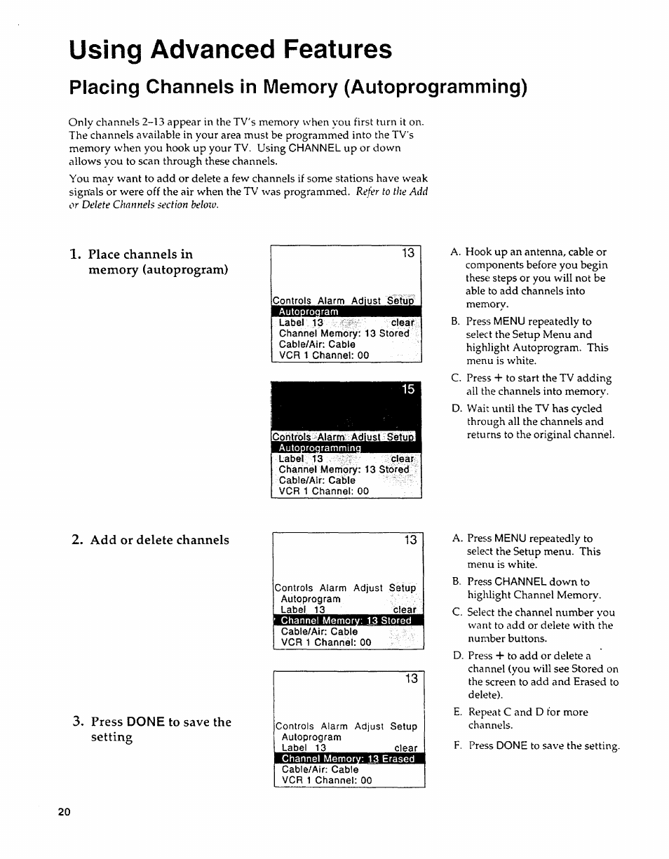 Placing channels in memory (autoprogramming), Using advanced features, Controls alarm adjust setup autooroaram | Sears 274.4279839 User Manual | Page 23 / 36