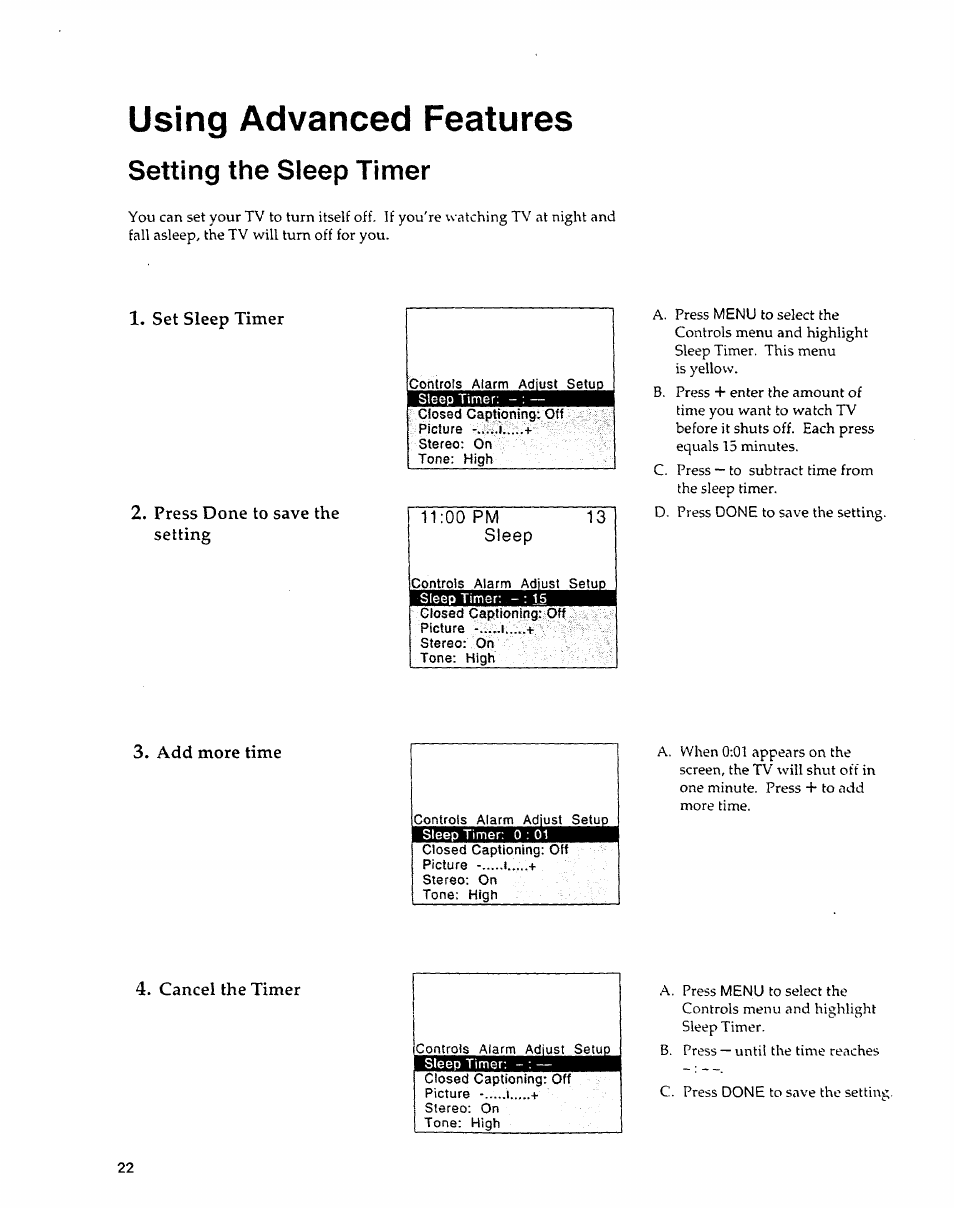 Setting the sleep timer, Set sleep timer, Press done to save the setting | Add more time, Cancel the timer, Using advanced features, Stereo: on tone: high | Sears 274.4279839 User Manual | Page 25 / 36