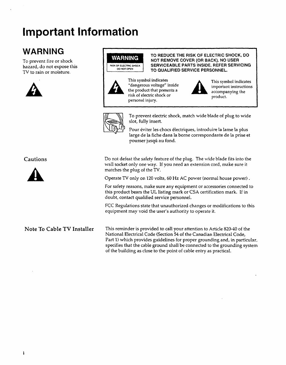 Important information, Cautions, Note to cable tv installer | Warning | Sears 274.4279839 User Manual | Page 3 / 36