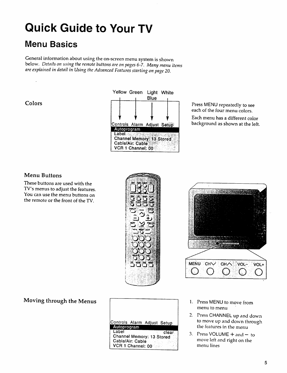 Menu basics, Colors, T t t t | Menu buttons, Quick guide to your tv | Sears 274.4279839 User Manual | Page 8 / 36