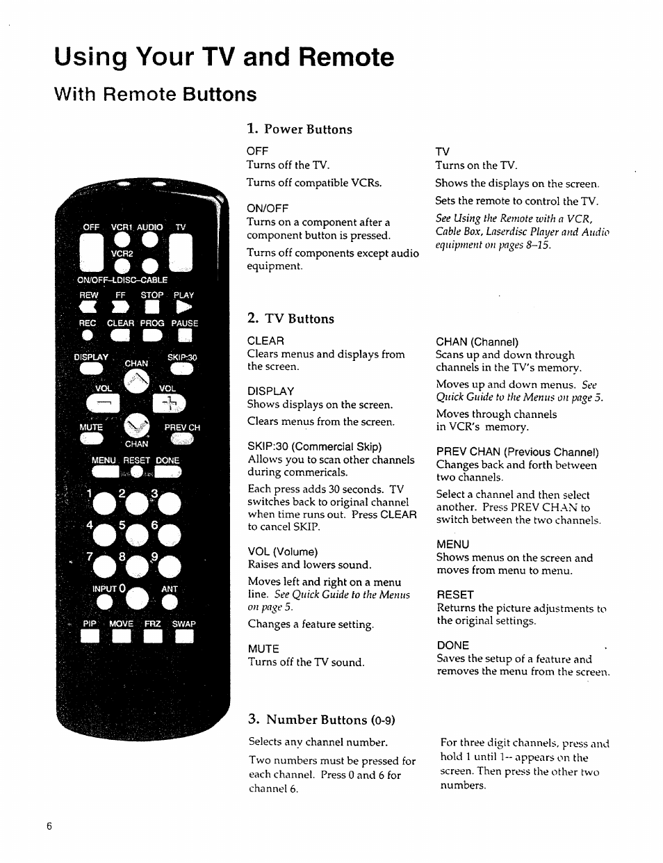 Using your tv and remote, With remote buttons, Power buttons | Tv buttons, Number buttons (0-9), Buttons, With remote, On/off, Clear, Display | Sears 274.4279839 User Manual | Page 9 / 36