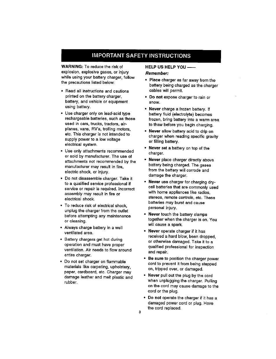 Important safety instructions | Sears DIEHARD 200.7122 User Manual | Page 3 / 10