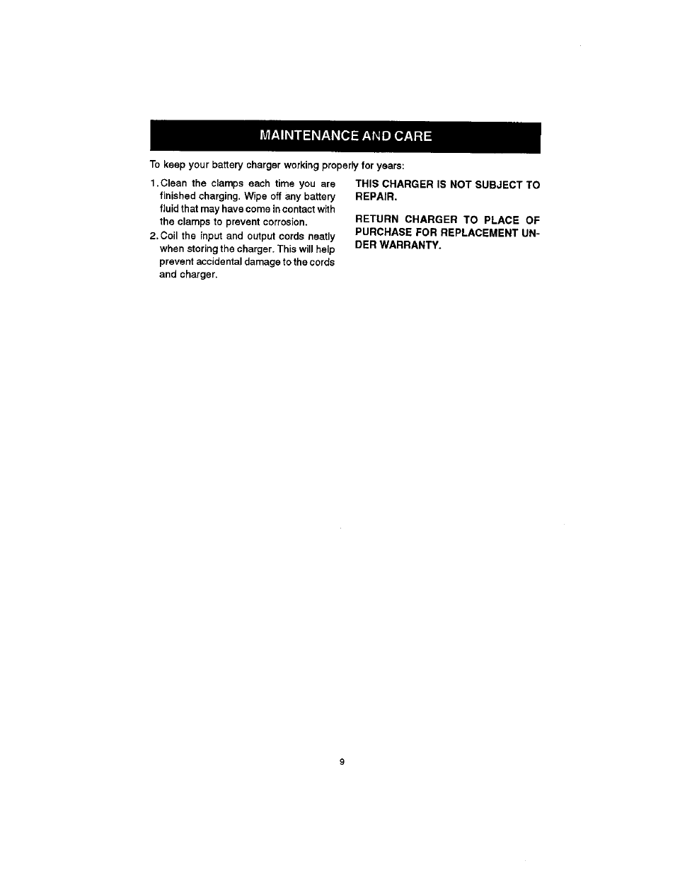 Maintenance and care, Maintenance, Care | Sears DIEHARD 200.7122 User Manual | Page 9 / 10