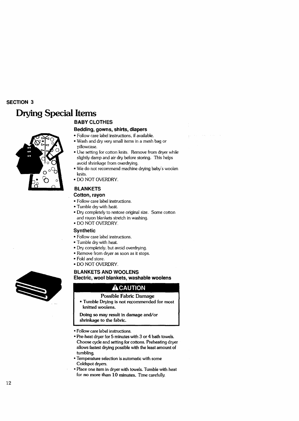 Drying special items, Baby clothes, Blankets cotton, rayon | Blankets and woolens | Sears Clothes Dryer User Manual | Page 12 / 24