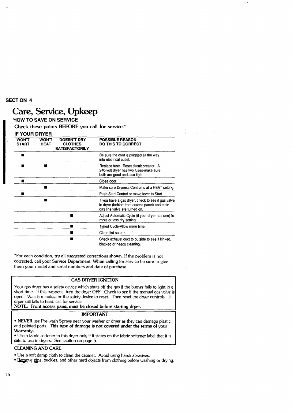 Care, service, upkeep, How to save on service, If your dryer | Sears Clothes Dryer User Manual | Page 16 / 24