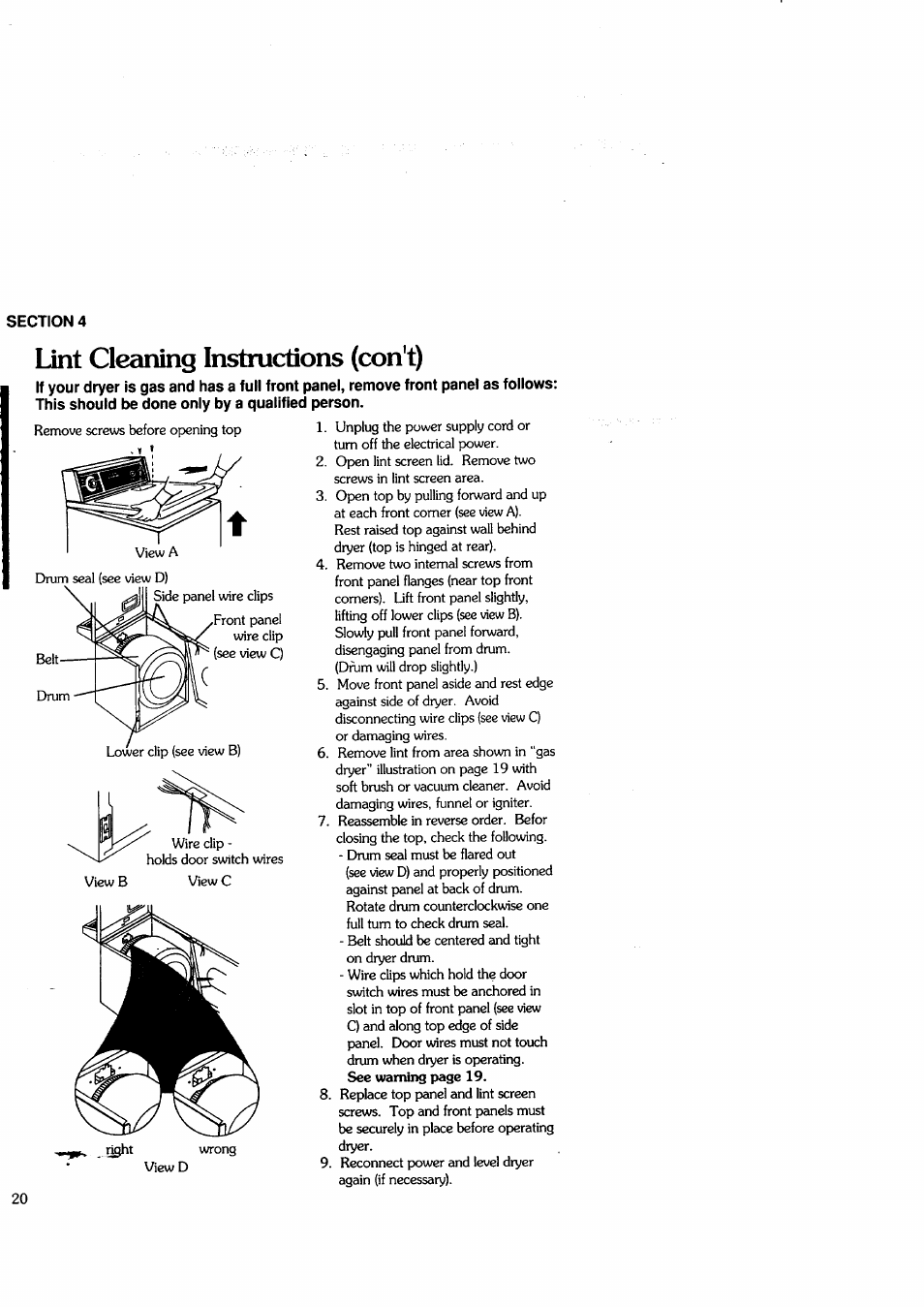 Lint cleaning instructions (con't) | Sears Clothes Dryer User Manual | Page 20 / 24