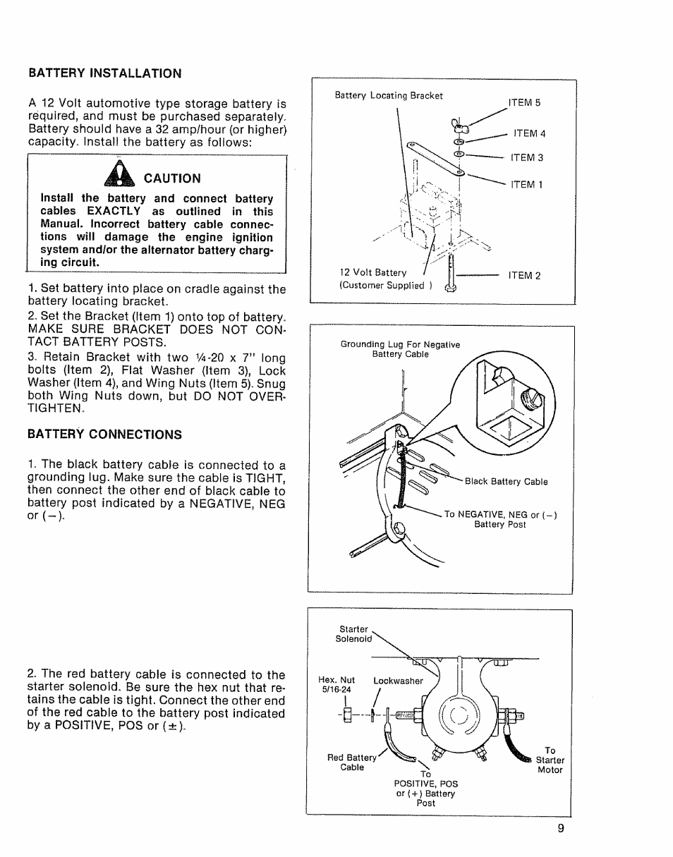 Battery installation, Caution, Battery connections | Sears 580.32601 User Manual | Page 11 / 41