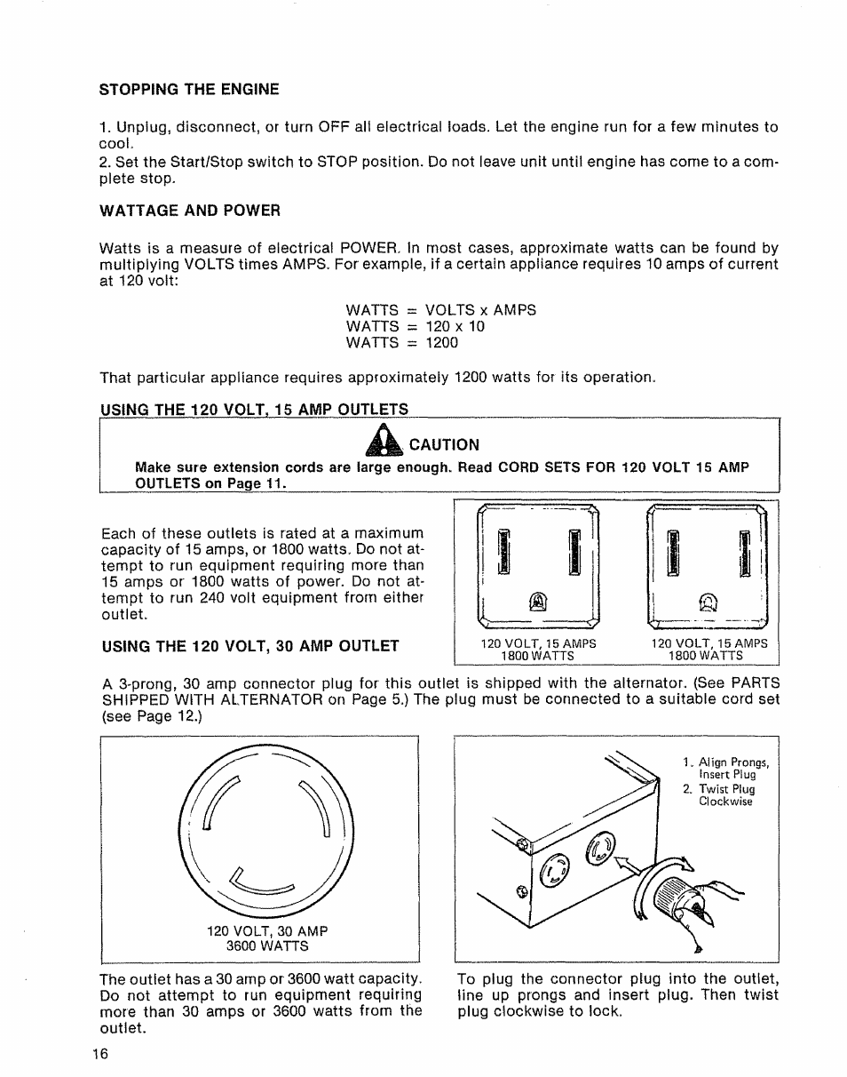 Wattage and power, Caution, Using the 120 volt, 30 amp outlet | Sears 580.32601 User Manual | Page 18 / 41