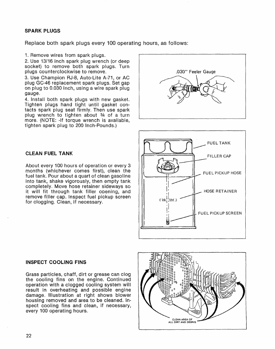 Spark plugs, Clean fuel tank, Inspect cooling fins | Sears 580.32601 User Manual | Page 24 / 41