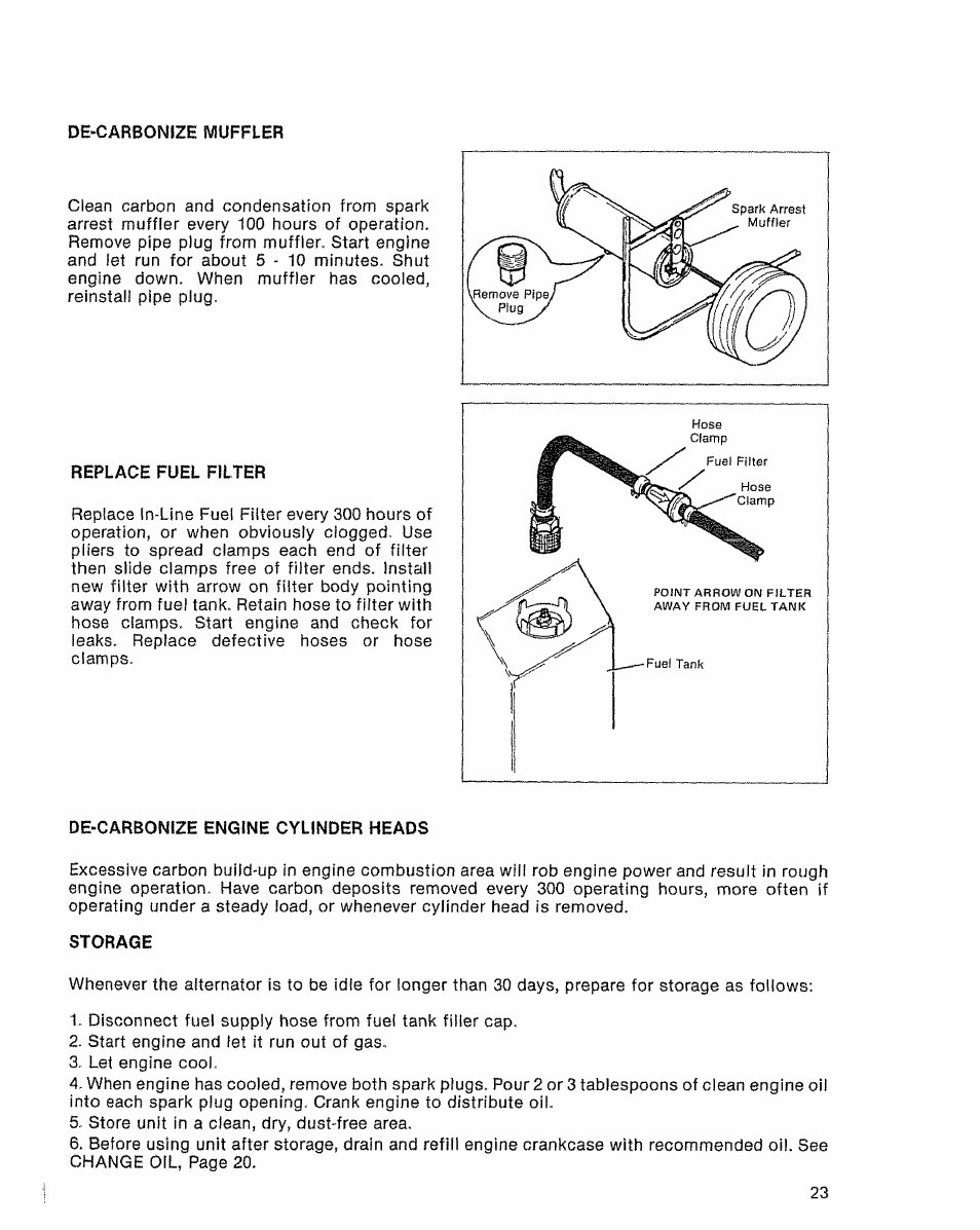 De-carbonize muffler, Replace fuel filter, De-carbonize engine cylinder heads | Storage | Sears 580.32601 User Manual | Page 25 / 41