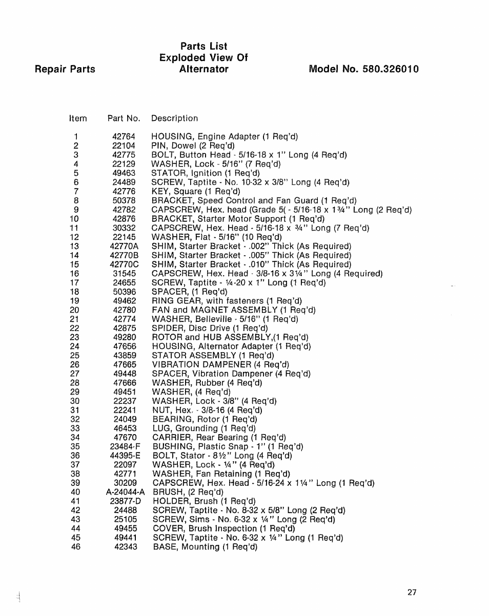 Repair parts | Sears 580.32601 User Manual | Page 29 / 41