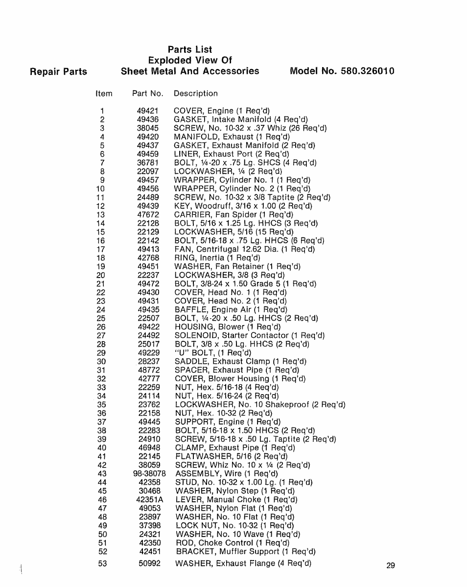 Repair parts | Sears 580.32601 User Manual | Page 31 / 41