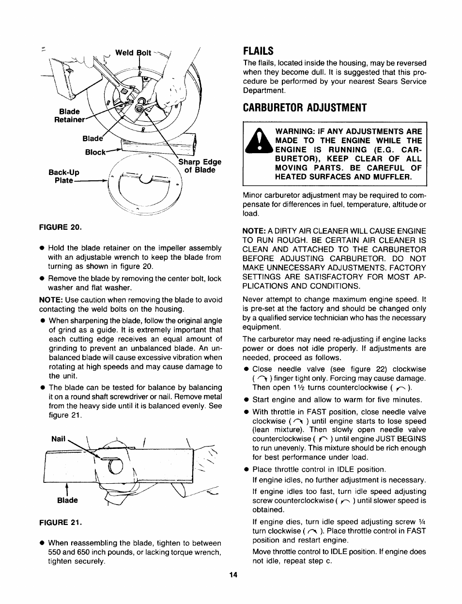 Flails, Carburetor adjustment | Sears 247.797851 User Manual | Page 14 / 24