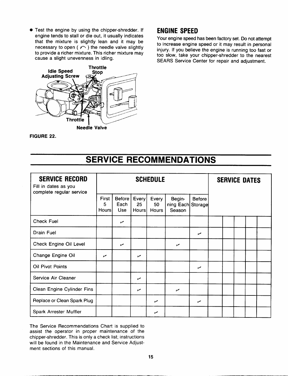 Engine speed, Service recommendations | Sears 247.797851 User Manual | Page 15 / 24