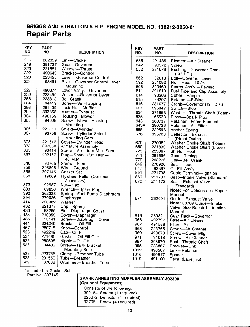 Repair parts | Sears 247.797851 User Manual | Page 23 / 24