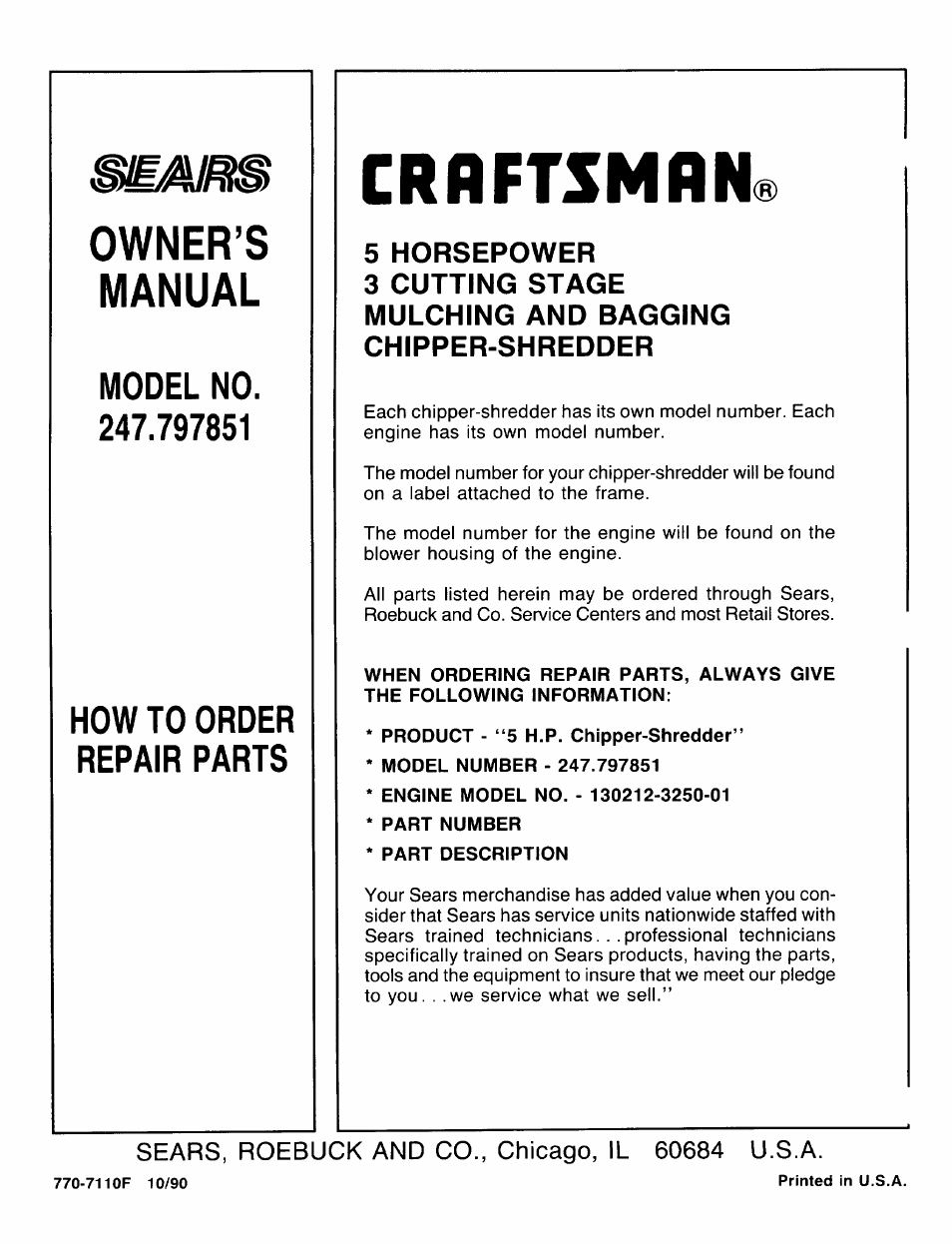 Craftsman, Owner’s manual, Model no | How to order repair parts | Sears 247.797851 User Manual | Page 24 / 24