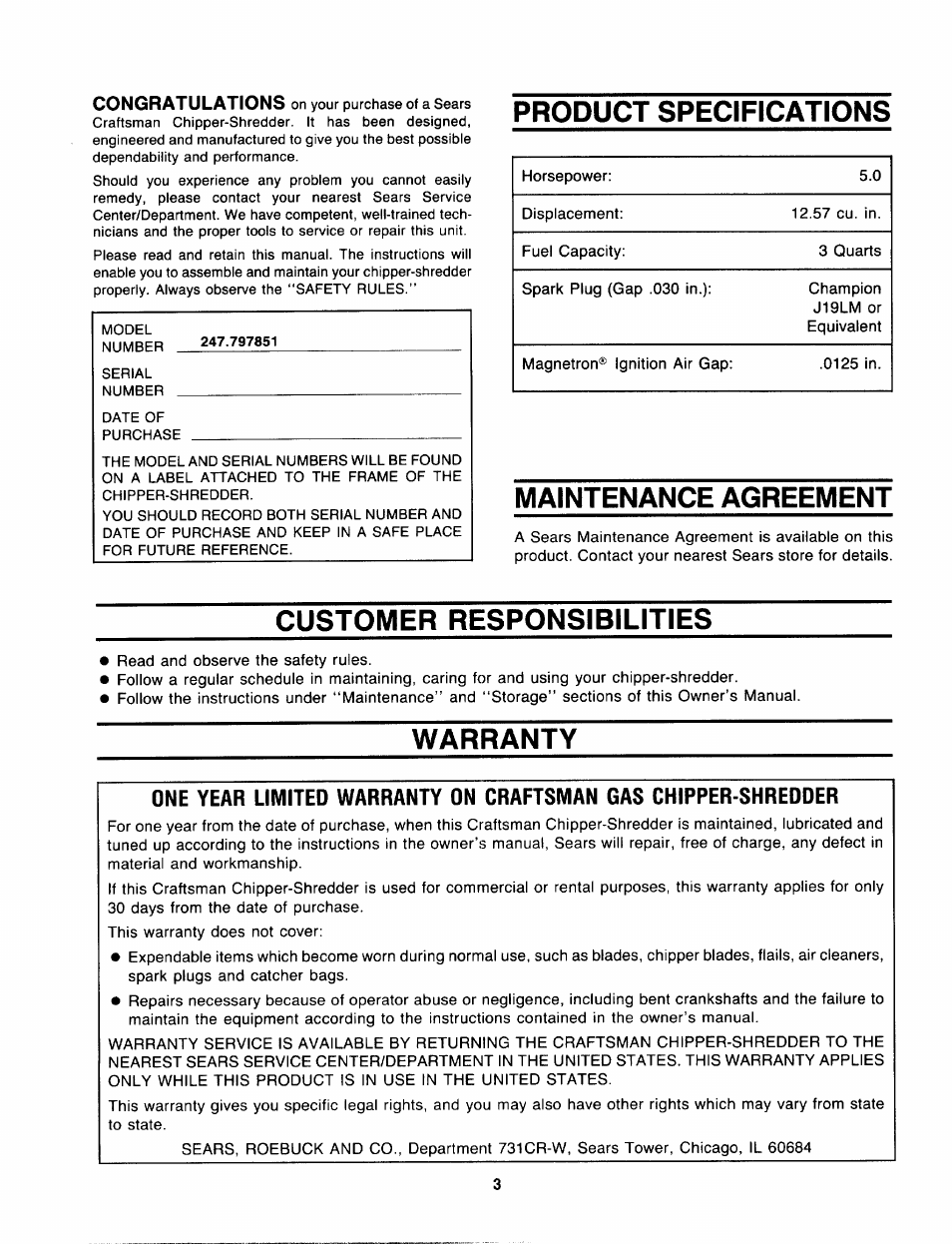 Product specifications, Maintenance agreement, Customer responsibilities | Warranty | Sears 247.797851 User Manual | Page 3 / 24