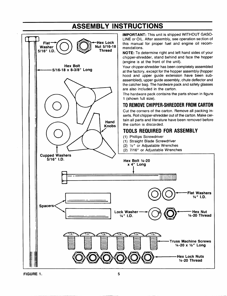 Assembly instructions, To remove chipper-shredder from carton, Tools required for assembly | Sears 247.797851 User Manual | Page 5 / 24