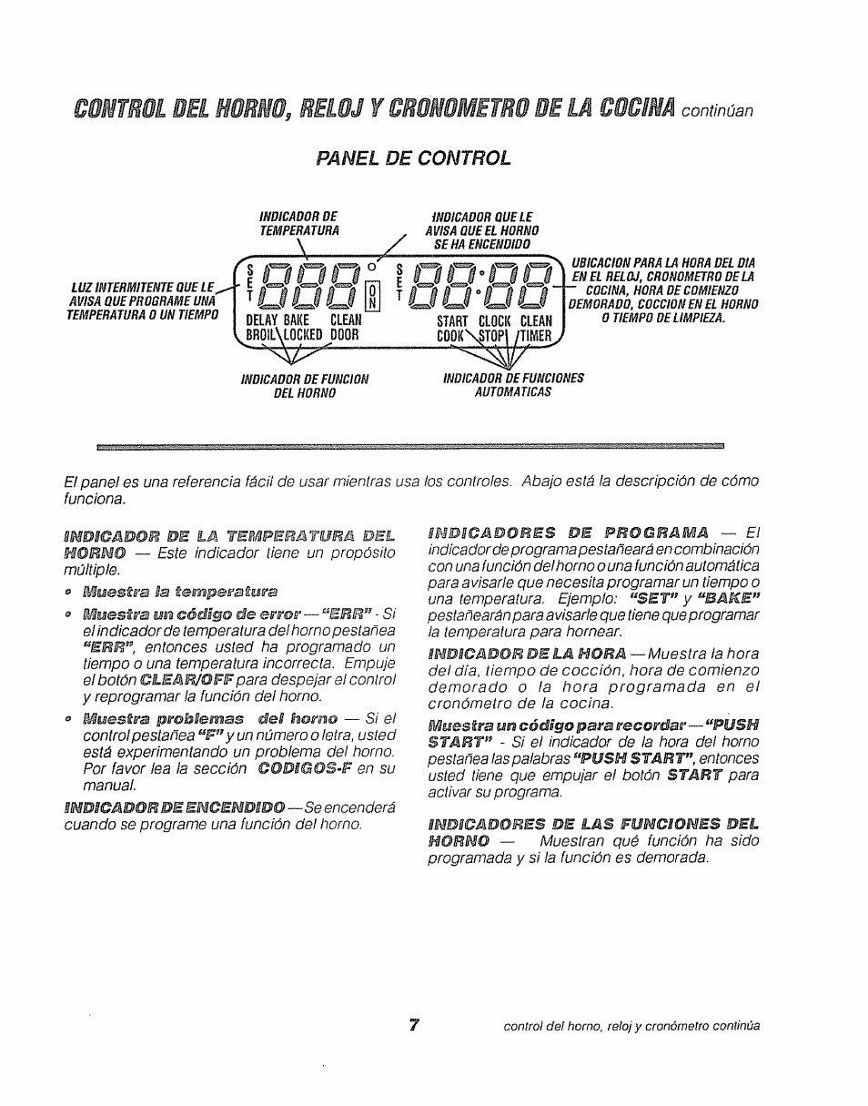 Clean, Door, Ííooo | Control, Horno, reloj y cronometro dela cocina, E oo'oo, Continúan, Ultuw, Panel de control | Sears KENMORE 911.41369 User Manual | Page 32 / 50