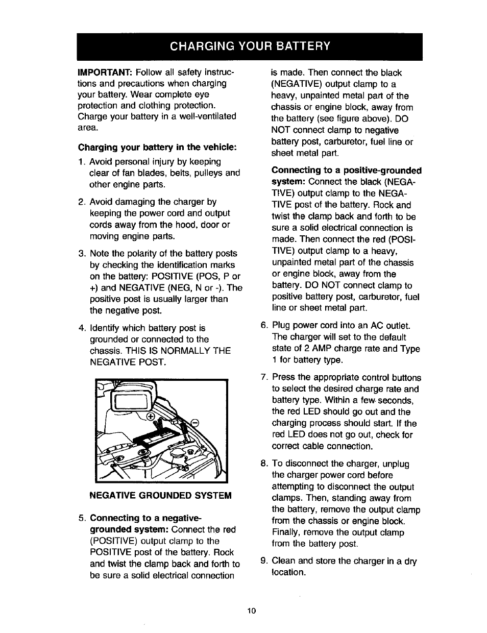 Charging your battery in the vehicie, Connecting to a negative, Charging your battery | Sears DIEHARD 200.71223 User Manual | Page 10 / 16