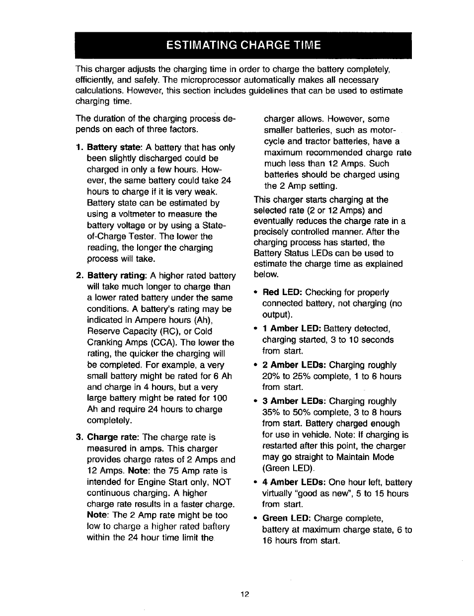 Estimating charge time | Sears DIEHARD 200.71223 User Manual | Page 12 / 16