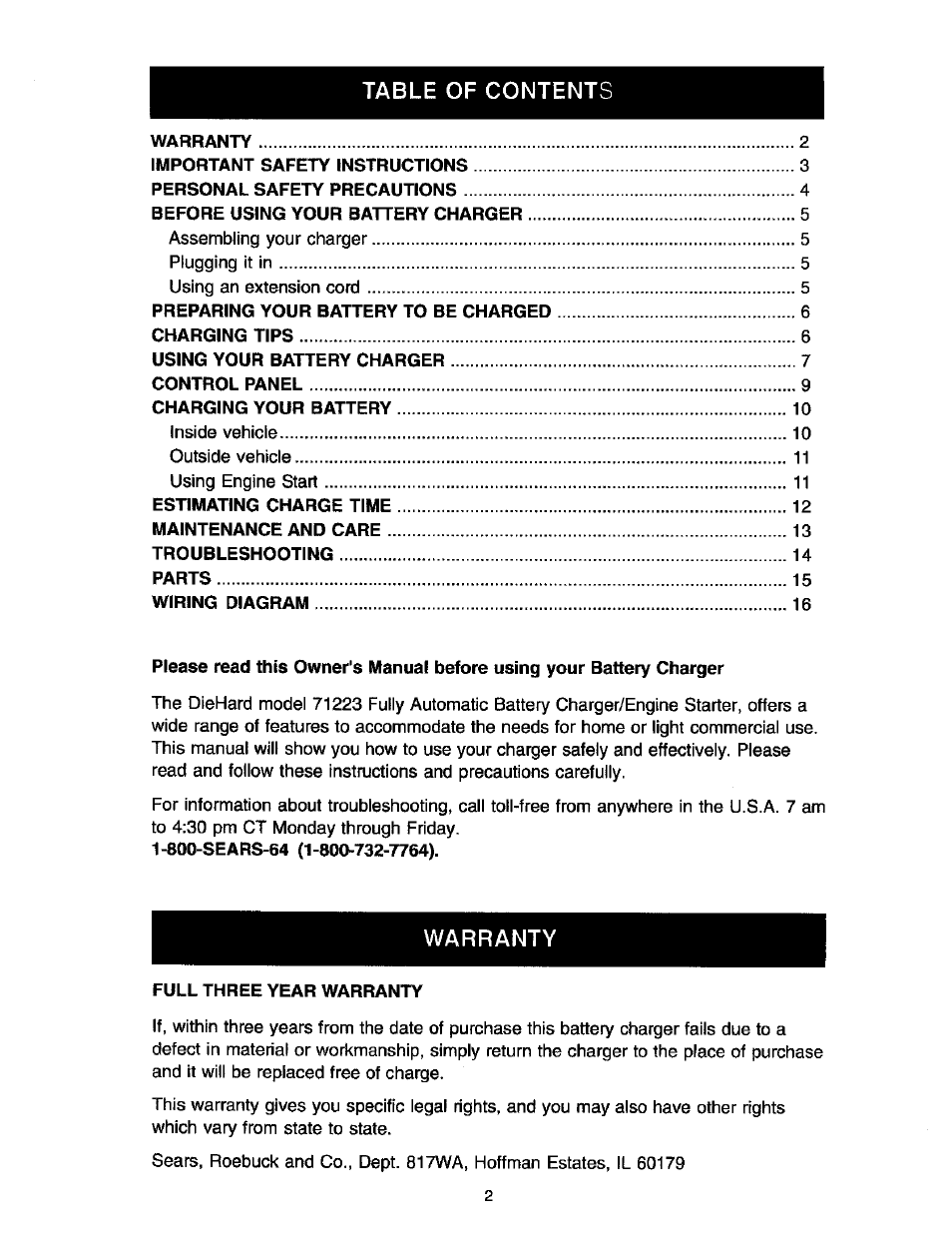 Sears DIEHARD 200.71223 User Manual | Page 2 / 16