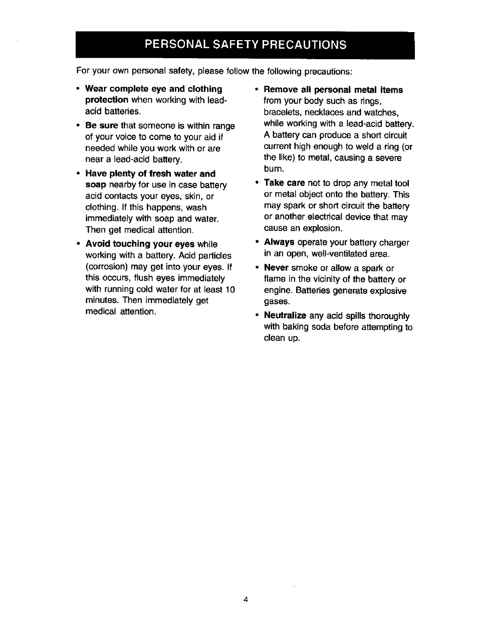 Remove all personal metal items, Personal safety precautions | Sears DIEHARD 200.71223 User Manual | Page 4 / 16