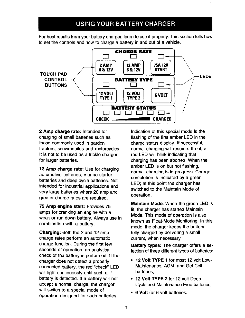 Using your battery charger | Sears DIEHARD 200.71223 User Manual | Page 7 / 16