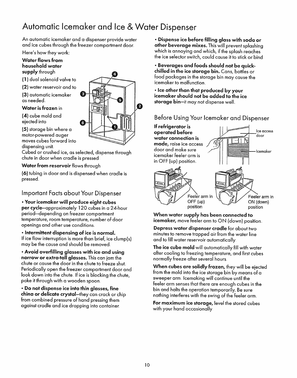 Automatic icemakerand ice & water dispenser, Important facts about your dispenser, Before using your icemaker and dispenser | Sears 52268 User Manual | Page 10 / 16