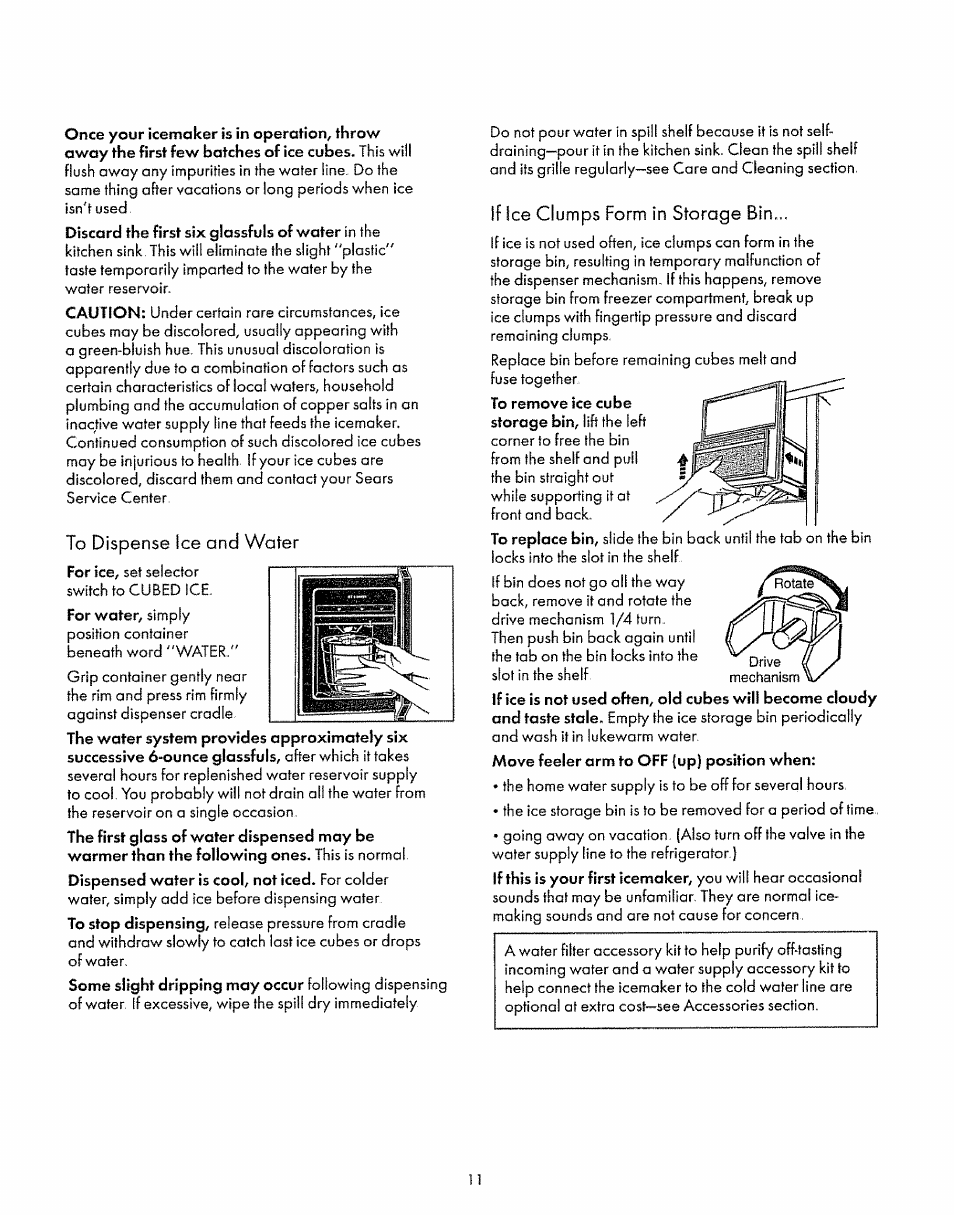 To dispense ice and water, If (ce clumps form in storage bin | Sears 52268 User Manual | Page 11 / 16