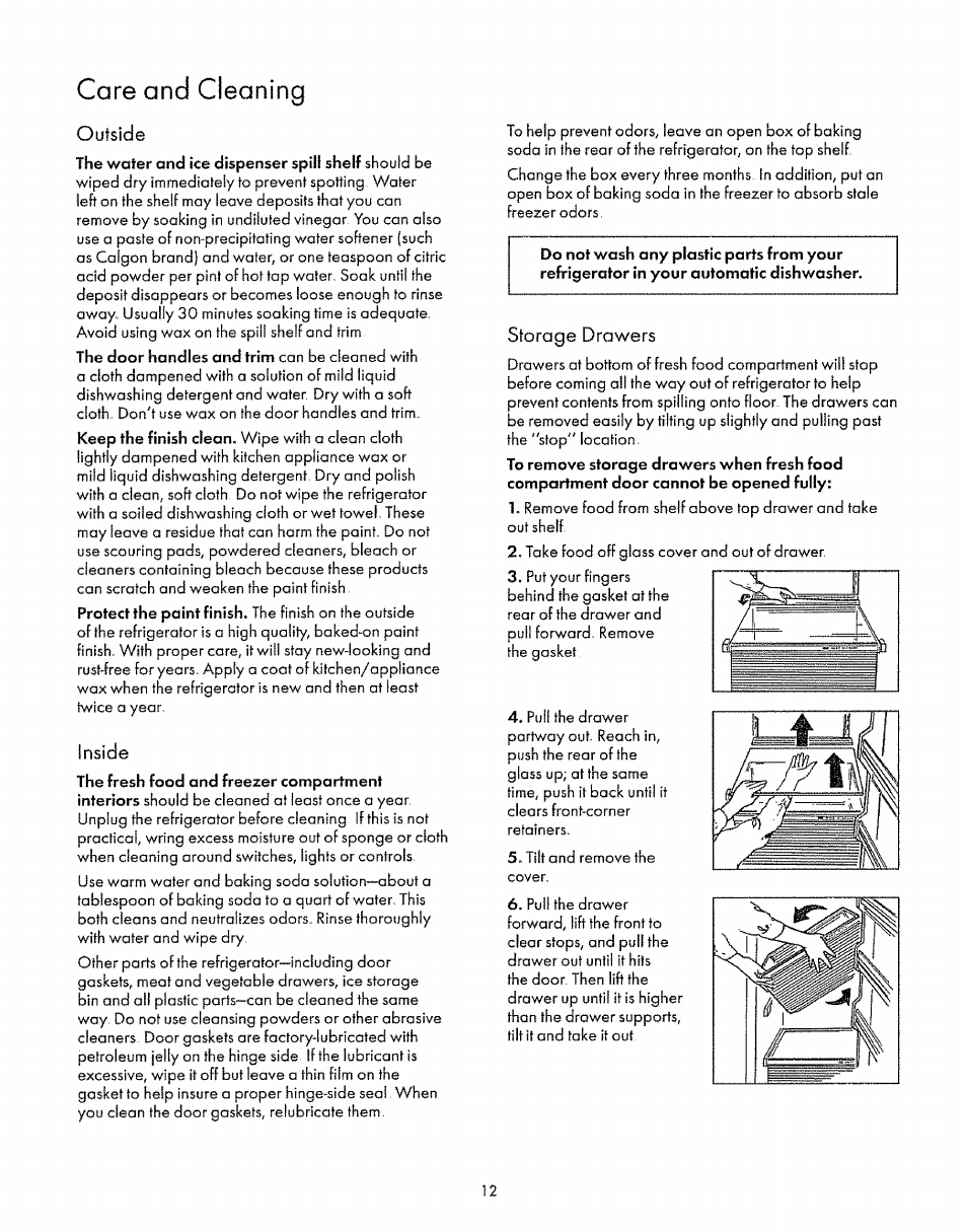 Care and cleaning, Outside, Inside | Storage drawers | Sears 52268 User Manual | Page 12 / 16