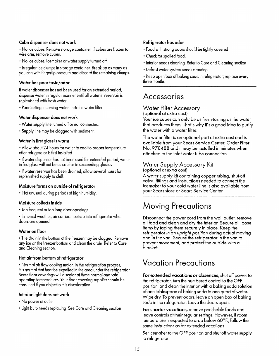 Accessories, Water filter accessory, Water supply accessory kit | Moving precautions, Vacation precautions | Sears 52268 User Manual | Page 15 / 16